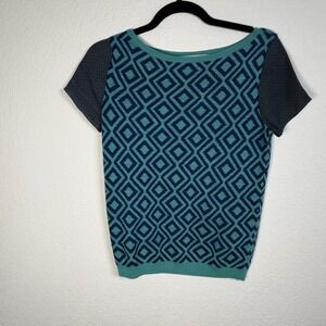 LOFT Geometric Diamond Knit Top XS Short Sleeve Polka Dot Teal Blue